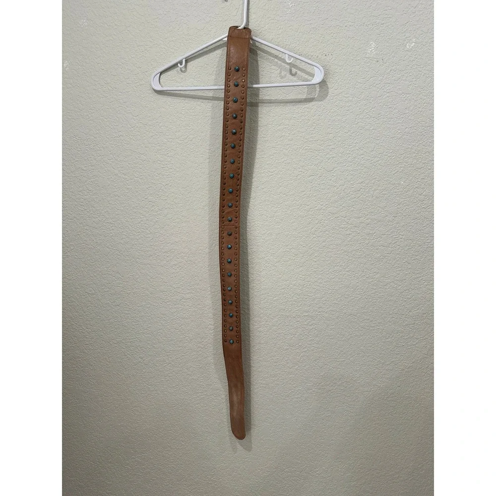 Genuine Italian Leather Turquoise Studded Boho D-Ring Belt Tan Brown Medium